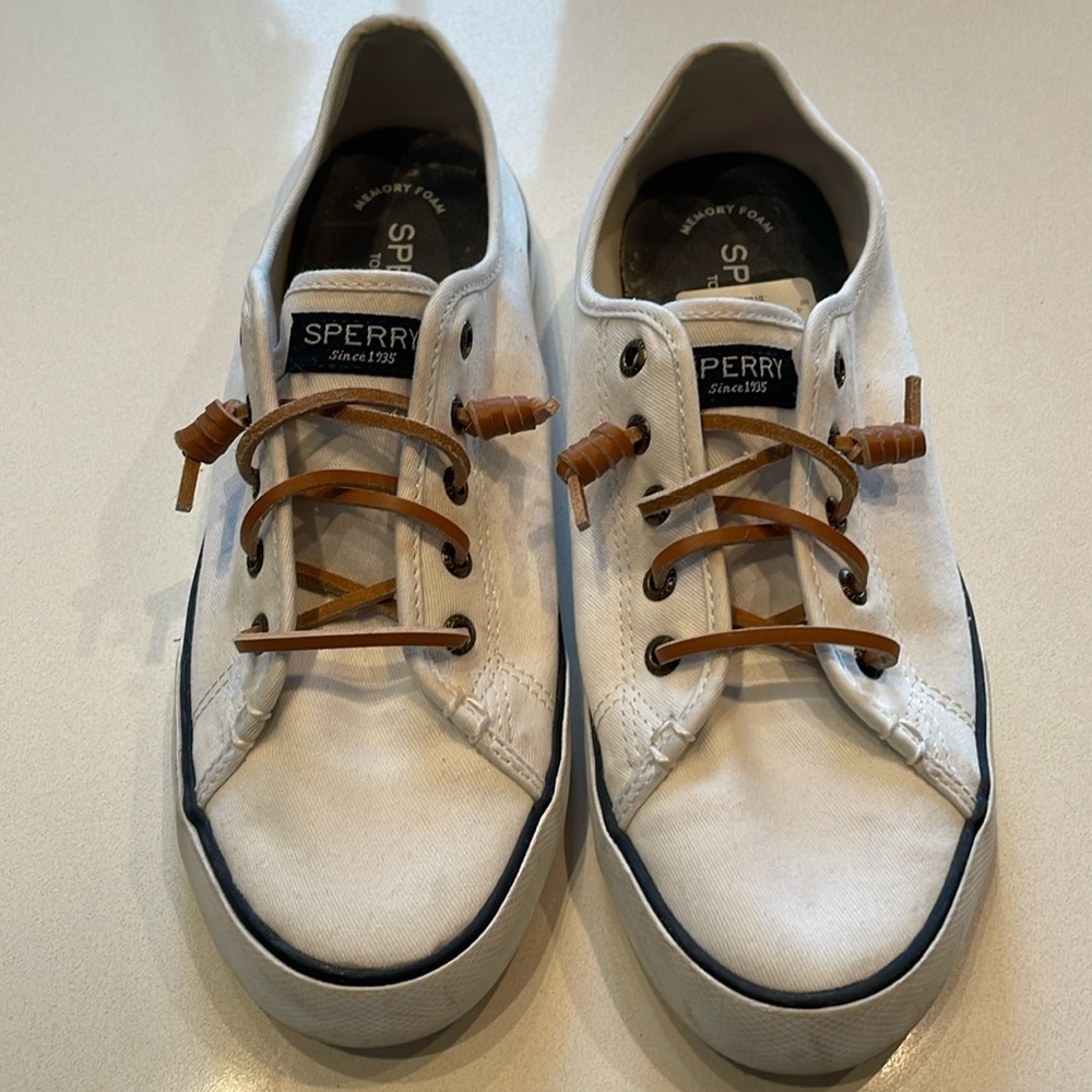 Sperry Top Sider Boat Shoes, White/Navy, Size 8.5